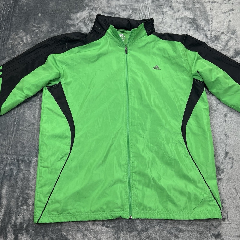 Adidas 2XL Windbreaker Jacket With Hood In Collar Green & Black Soccer Golf Coat - Picture 5 of 13